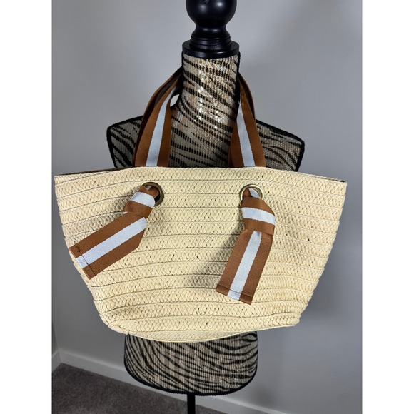 Mark & Graham Straw Tote Bag Beach Summer Tan Brown Stripe Accent - Picture 2 of 9